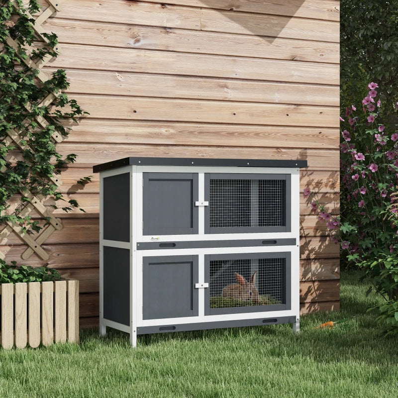 Grey 2 Tier Outdoor Rabbit Hutch with Sliding Tray, 100 x 47 x 91cm