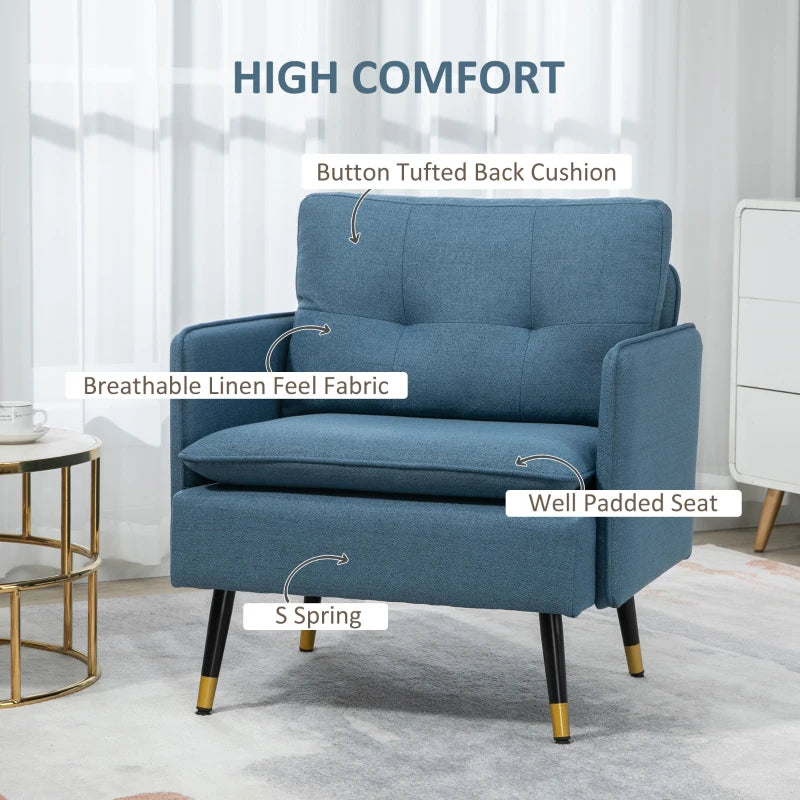 Blue Button Tufted One Seater Sofa with Cushions