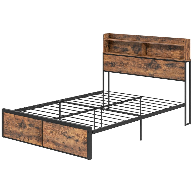 Rustic Brown Industrial Double Bed Frame with Storage, 4.8FT Steel Base, Headboard, Footboard, Slatted Support - 145 x 209cm