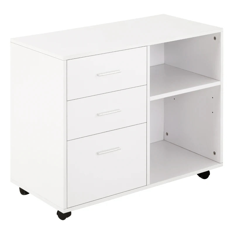 White Printer Stand with Wheels, 3 Drawers, 2 Shelves - Modern Office Storage Unit