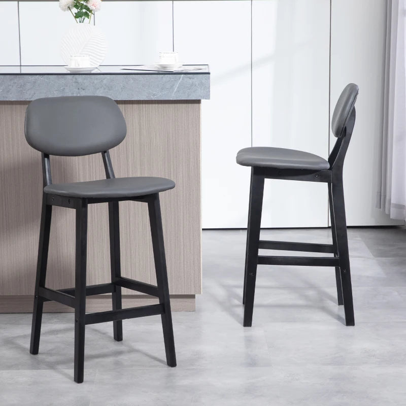 Dark Grey Faux Leather Bar Stools Set of 2 with Backs and Wooden Legs