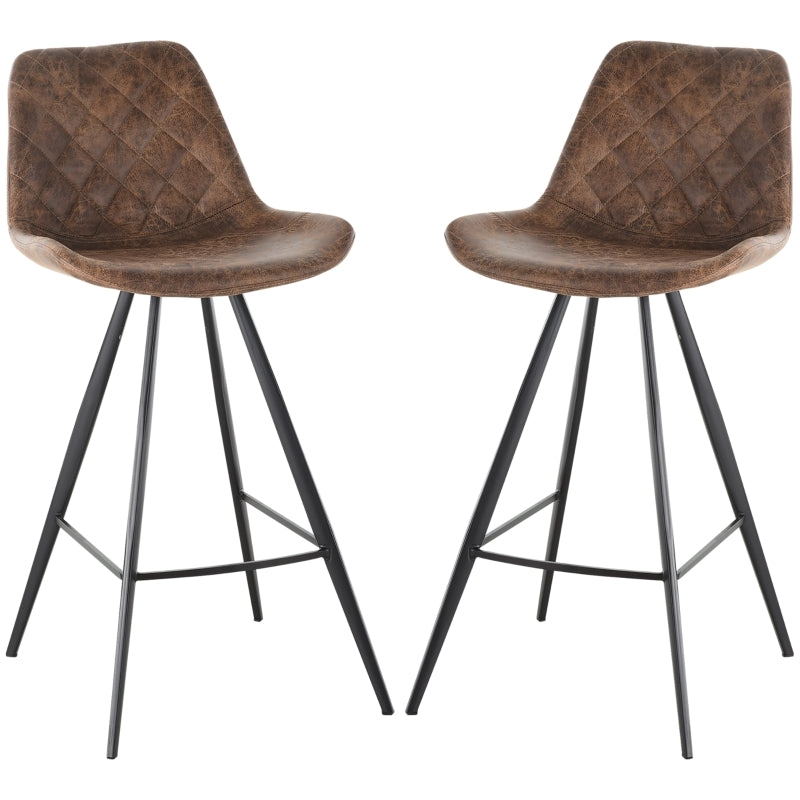 Brown Microfiber Bar Stools Set of 2 - Padded Steel Frame Footrest - Quilted Design