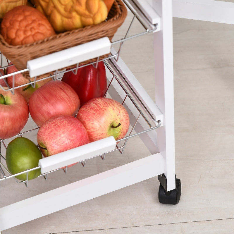 White Oak Drop-Leaf Kitchen Cart Trolley with Baskets and Drawer