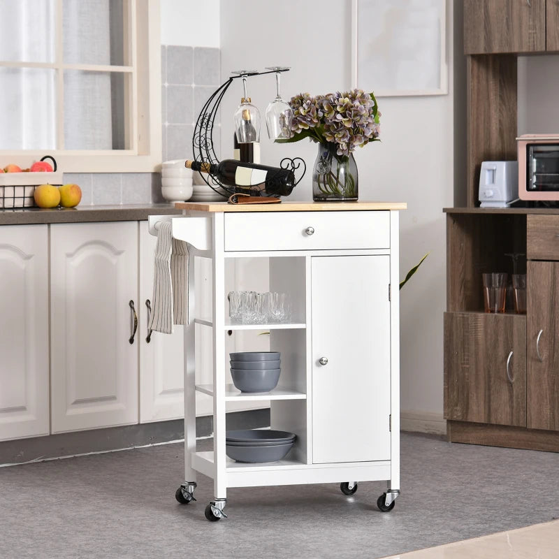 White Kitchen Trolley with Wood Top, 3 Shelves, and Storage Cupboard