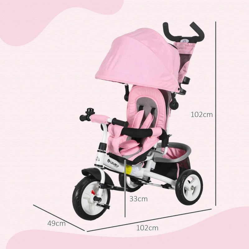 Pink 6-in-1 Kids Trike with Push Handle, Canopy, Safety Belt, Storage, Footrest, Brake