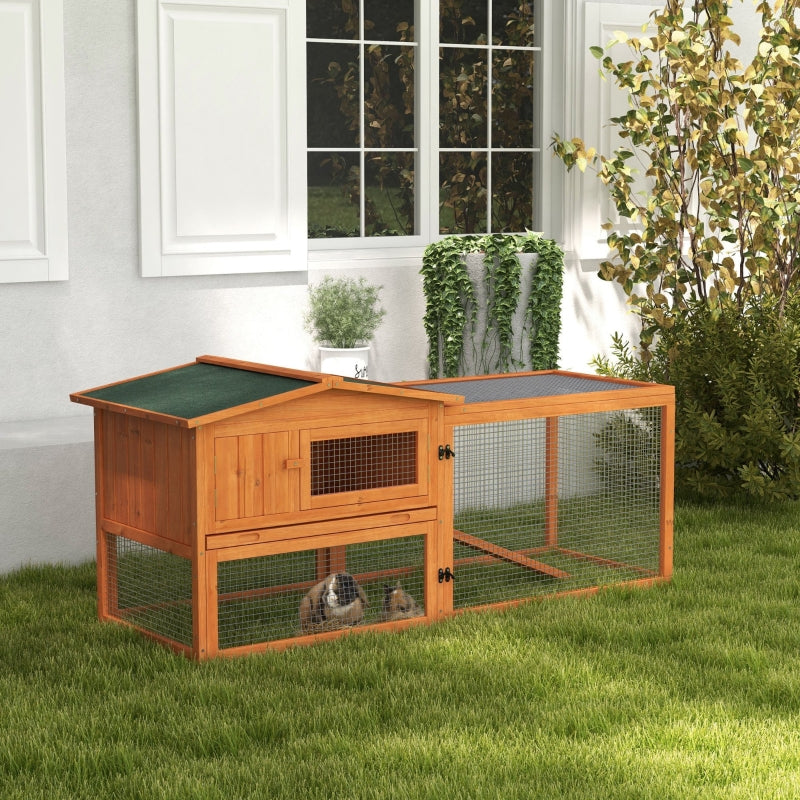 Orange Wooden Rabbit Hutch with Run and Accessories, 156 x 58 x 68cm