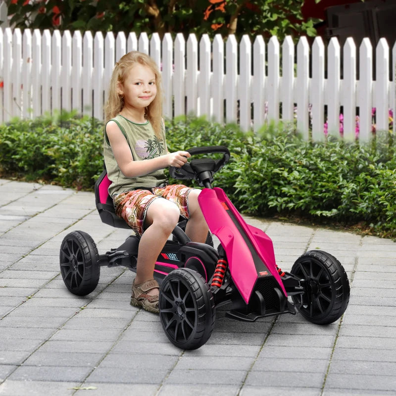 Kids Pink Pedal Go Kart with Adjustable Seat and Handbrake