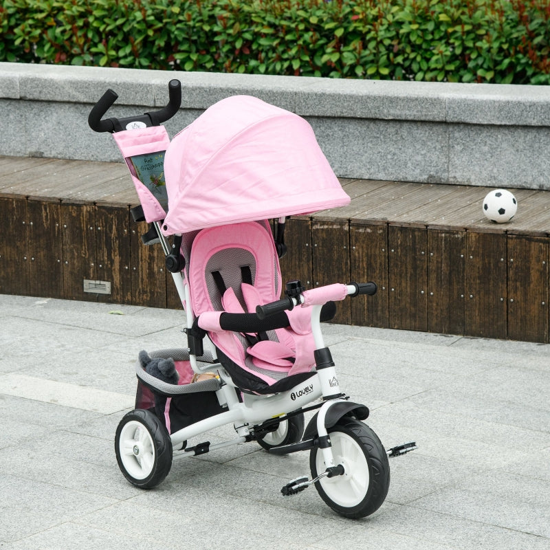 Pink 6-in-1 Kids Trike with Push Handle, Canopy, Safety Belt, Storage, Footrest, Brake