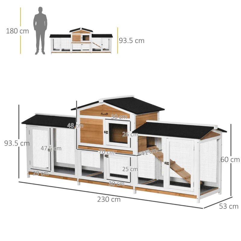 Wooden 2-Tier Rabbit Hutch with Double Side Run Boxes, Plastic Tray, Ramp - 230 x 53 x 93.5cm