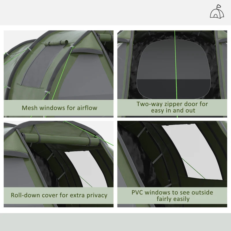 Green 3-4 Person Two-Room Tunnel Camping Tent with Windows and Carry Bag