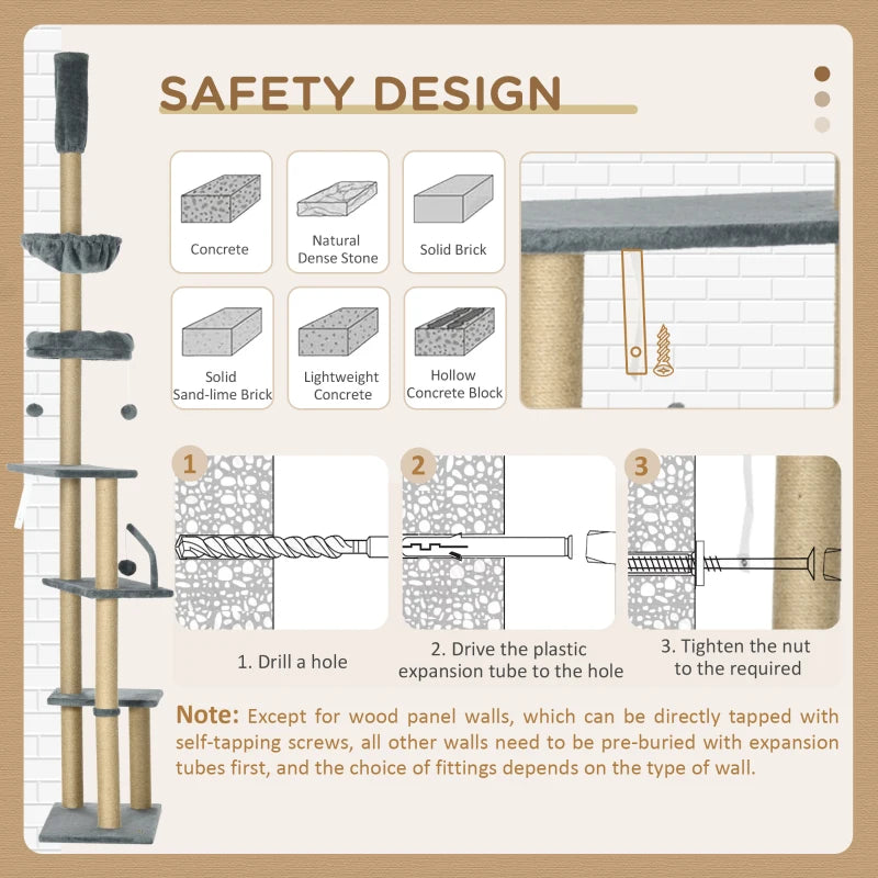 Grey 6-Tier Floor to Ceiling Cat Tree with Scratching Post and Hammock