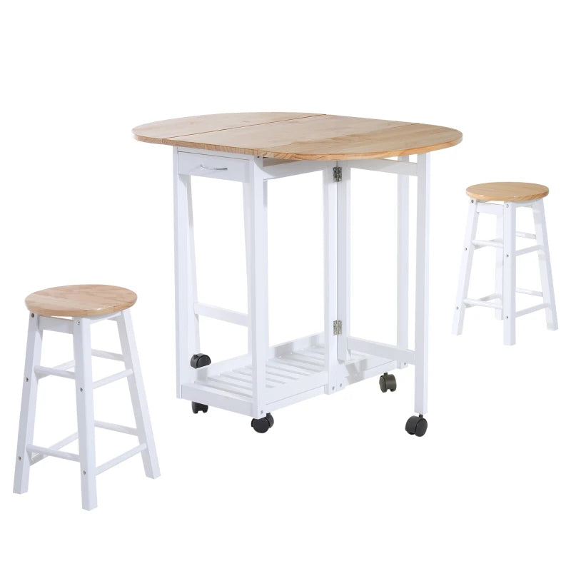 3 Piece Wooden Kitchen Cart Set with Folding Bar Table, Stools, and Storage