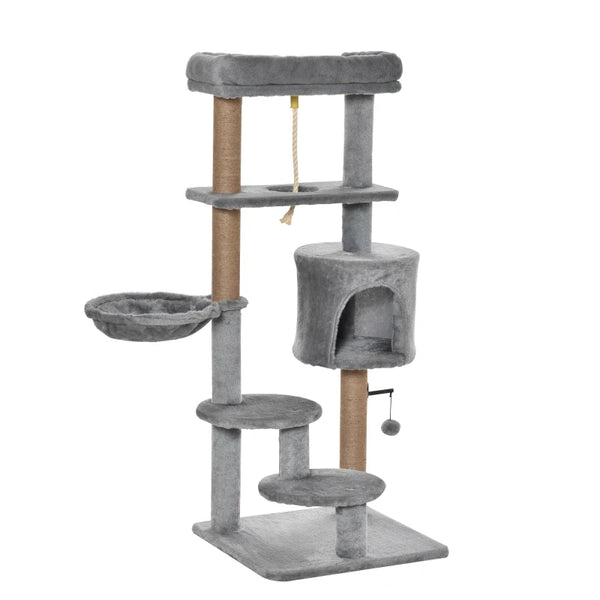 Cat Climbing Tree Tower 120cm with Scratching Post and Hammock - Light Grey