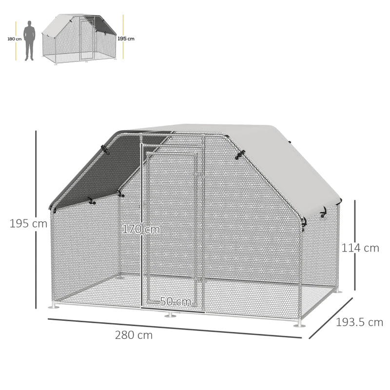 Large Metal Chicken Coop Run Cage with Cover - Outdoor, 280x190x195 cm, Grey