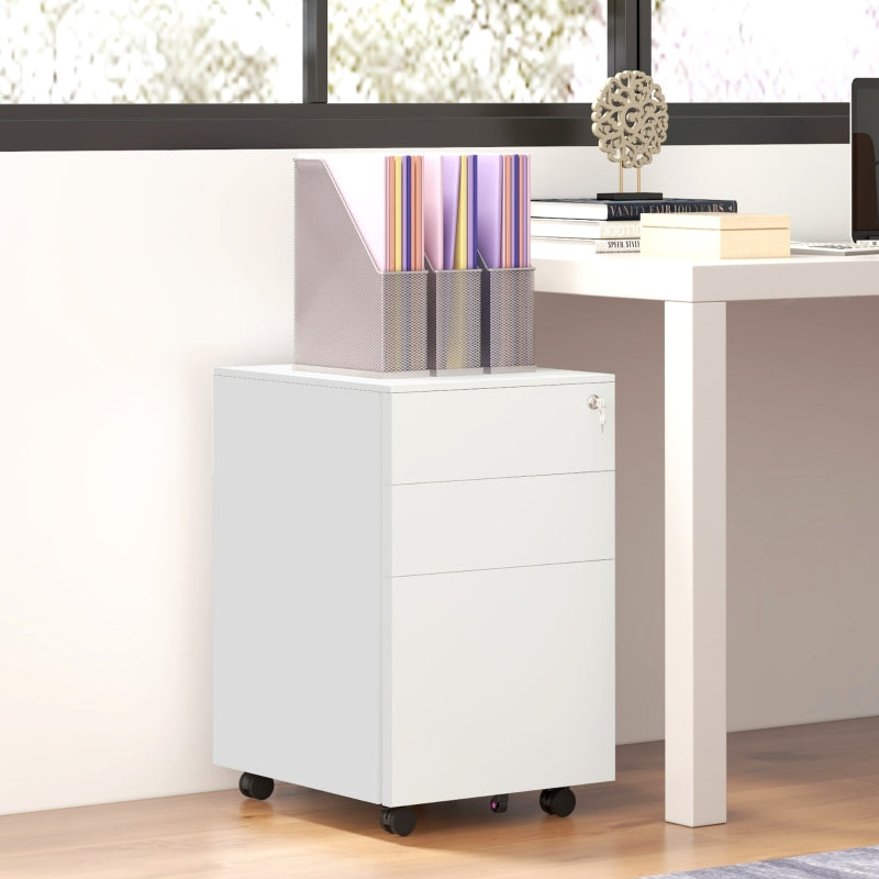 White 3-Drawer Steel Filing Cabinet with Lock and Wheels