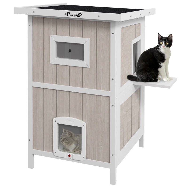 Wooden 2-Tier Cat Shelter with Escape Doors & Asphalt Roof - Light Grey