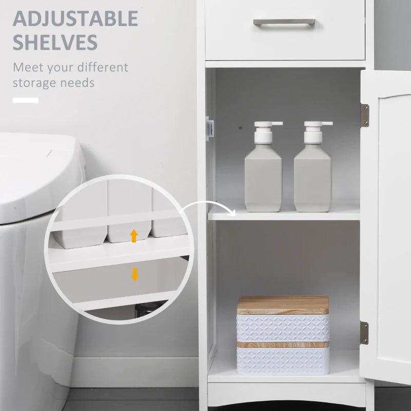 White Tall Bathroom Storage Cabinet with 3 Tier Shelf & Drawer