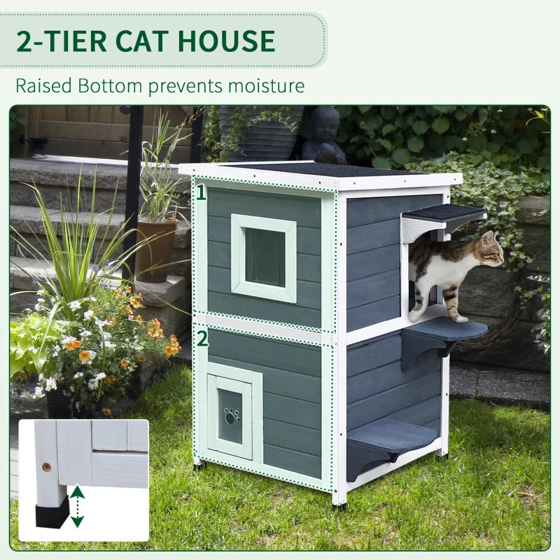 Grey 2-Floor Wooden Cat House with Window