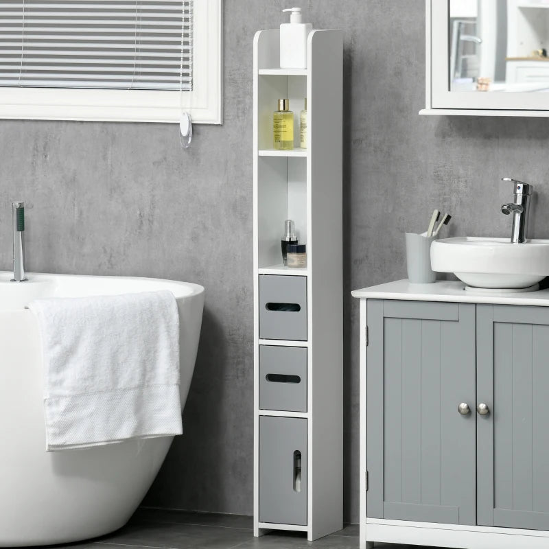 Grey Tall Bathroom Storage Cabinet with Open Shelves and Cupboards