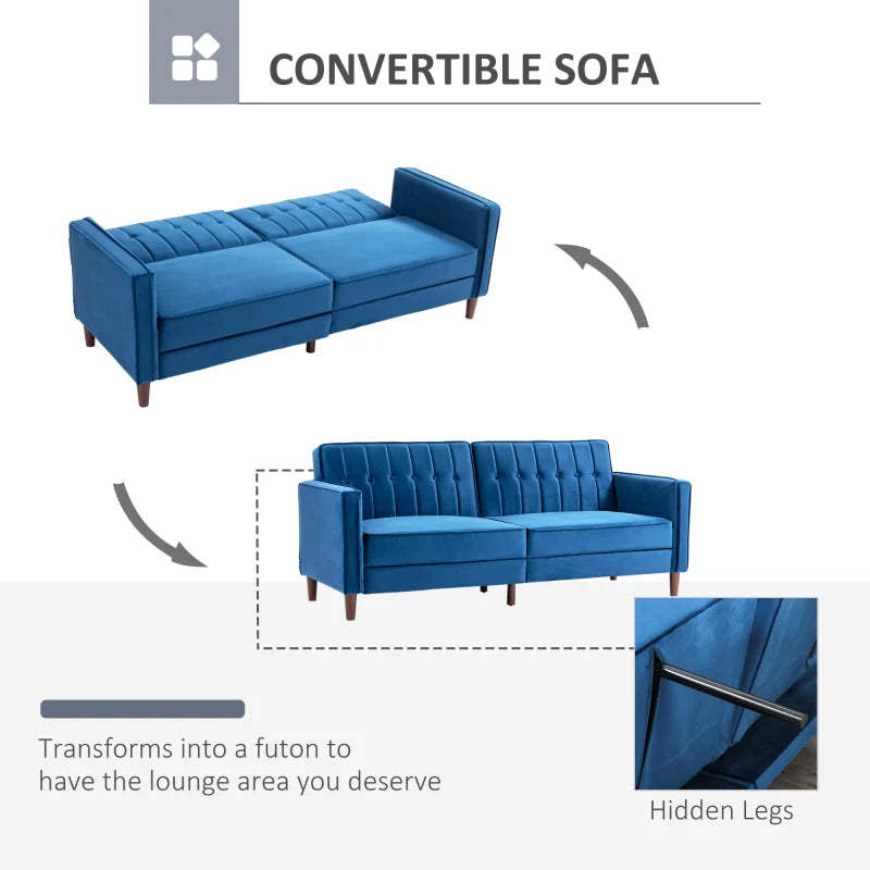 Blue Velvet Convertible Sofa Loveseat with Adjustable Split Back