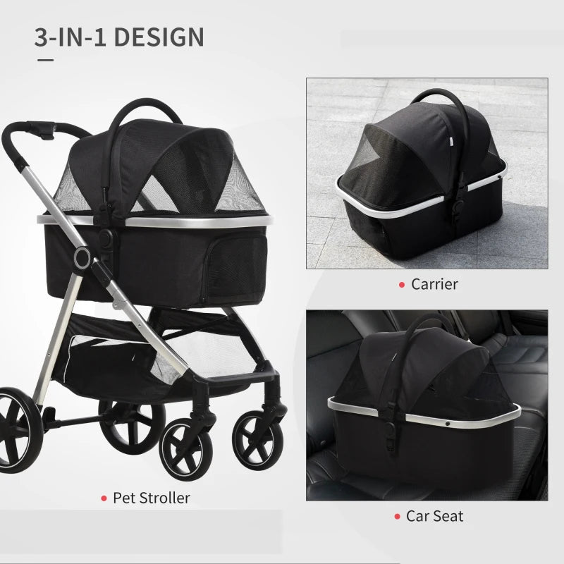 Black 3-in-1 Foldable Pet Stroller with EVA Wheels & Canopy