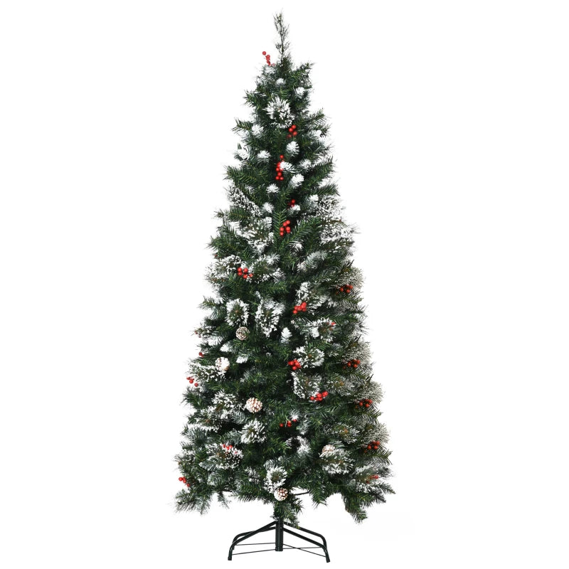 6 Ft Snow Dipped Slim Pencil Christmas Tree with Pine Cones & Berries, Green