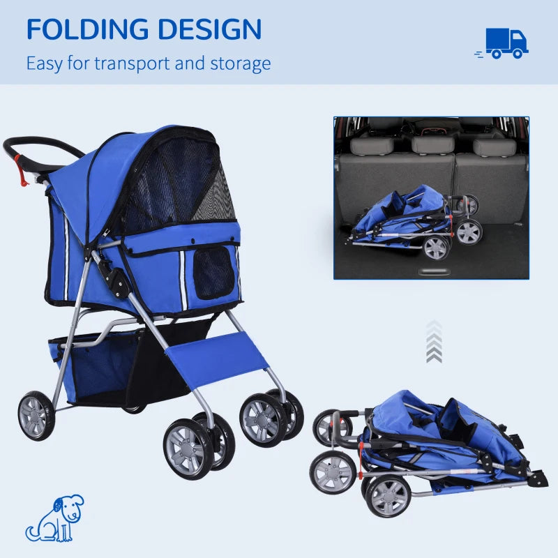 Blue Dog Stroller with Rain Cover for Small Dogs