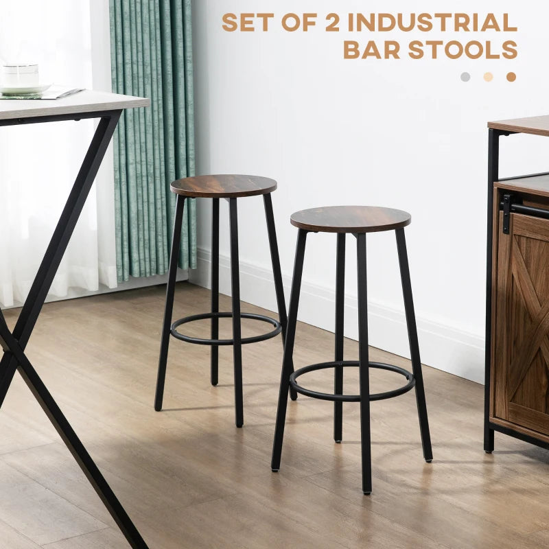 Rustic Brown Industrial Bar Stools, Set of 2, 65cm High