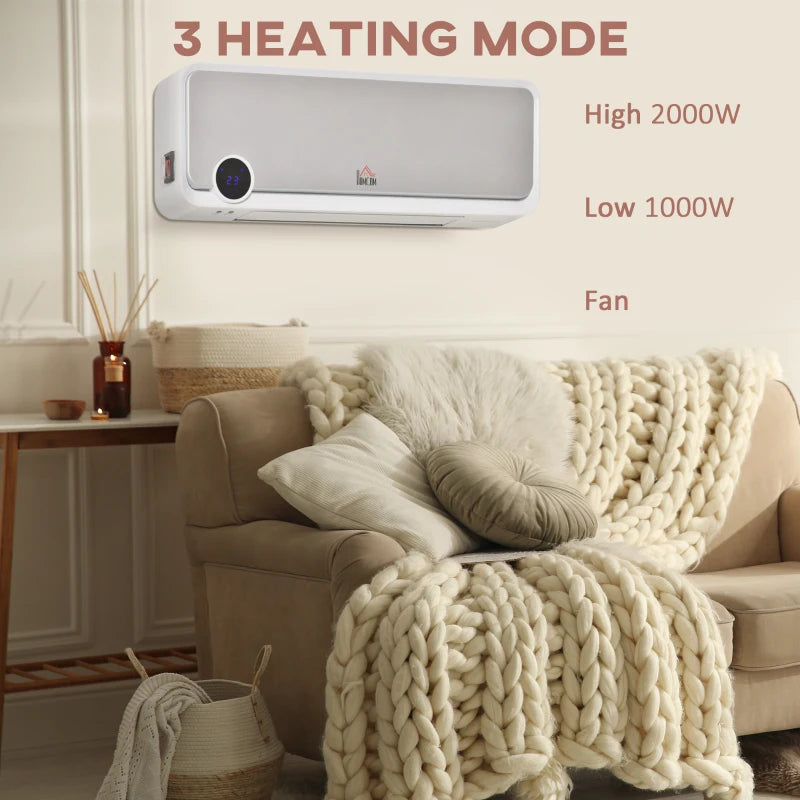 Wall-Mounted Electric Heater with Timer and Remote Control, 1000W/2000W, White