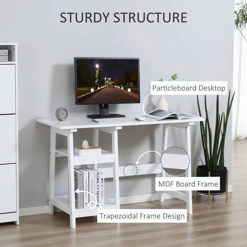 White Compact Computer Desk with Storage Shelves - Home Office Study Table