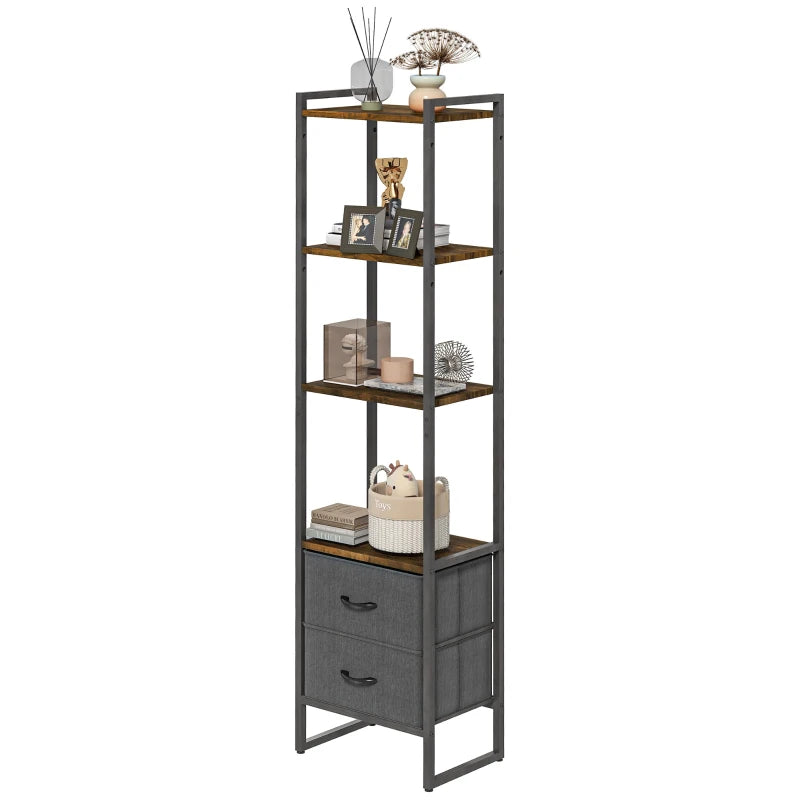 Black Four-Tier Industrial Display Shelf with Drawers