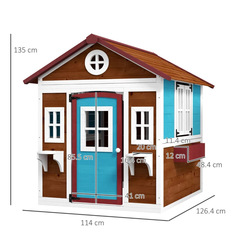 Kids Wooden Playhouse with Doors, Windows, Planters - Dark Brown