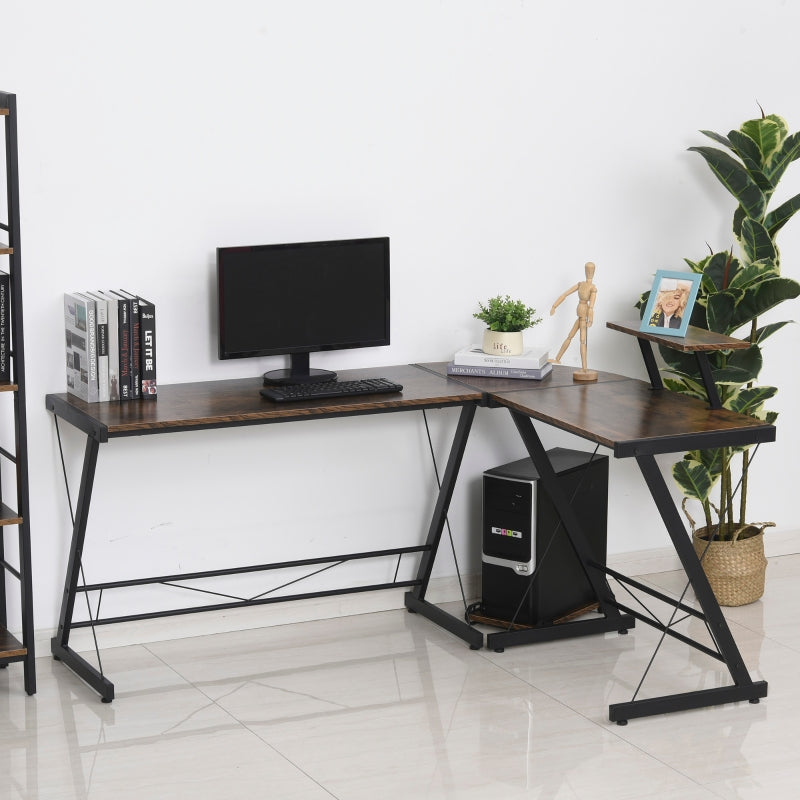Rustic Brown and Black L-Shaped Computer Desk with Monitor and CPU Stand