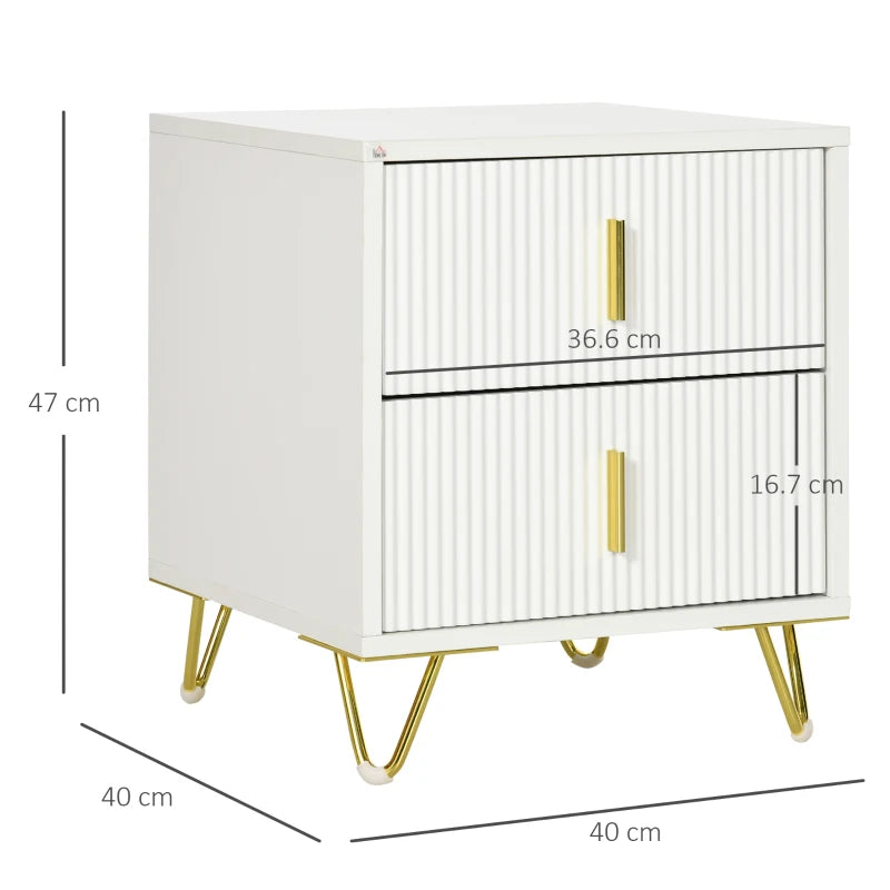 White 2-Drawer Metal Frame Bedside Table With Gold Legs