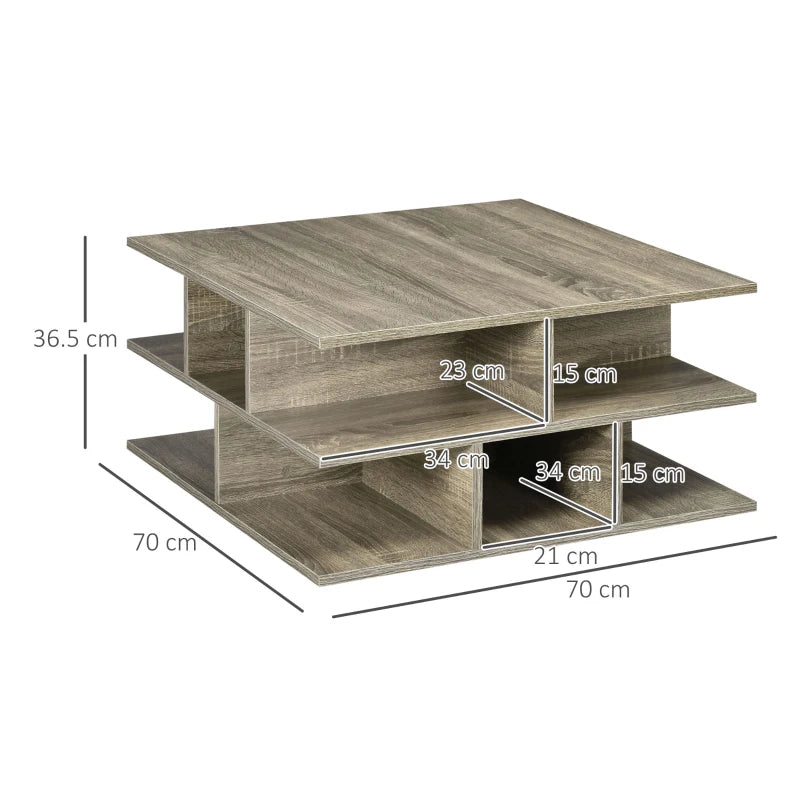 Modern Grey Square Coffee Table with Storage Shelves - 70 x 70 x 36.5 cm