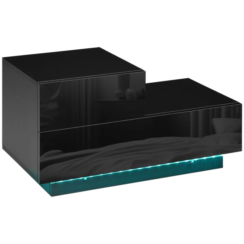 Black High Gloss Bedside Table with RGB LED Light and Drawers