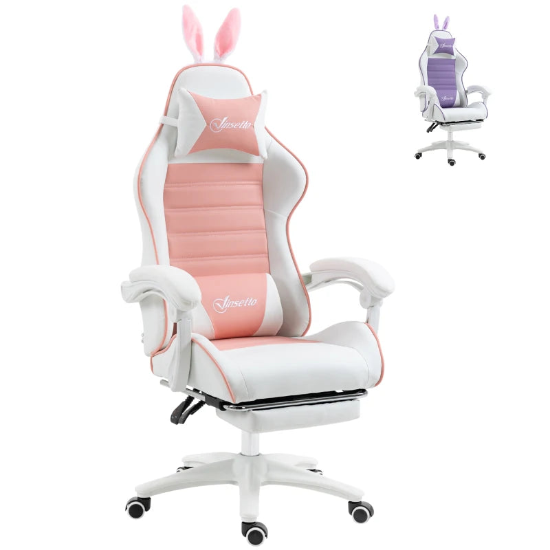 Pink Racing Gaming Chair with Rabbit Ears, Footrest, Headrest & Lumbar Support