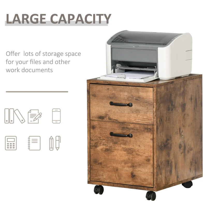 Rustic Brown 2-Drawer Mobile File Cabinet for Letter-Sized Documents
