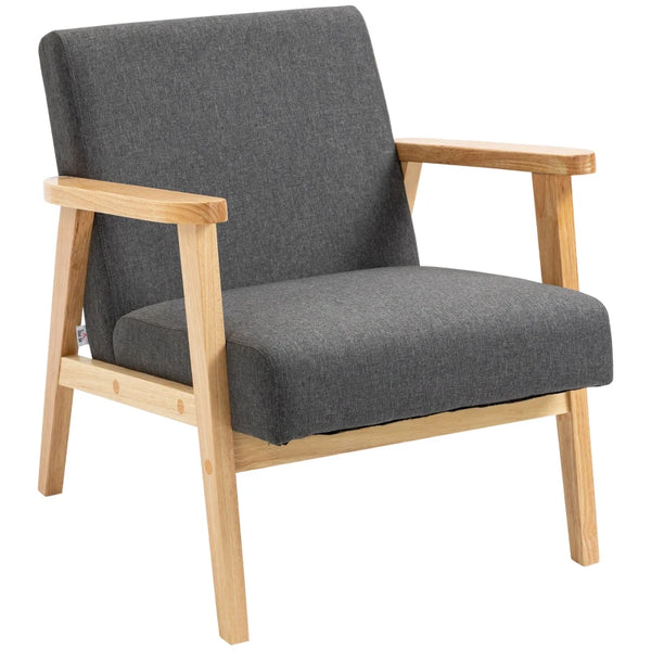Dark Grey Fabric Armchair with Rubber Wood Frame and Padded Cushion