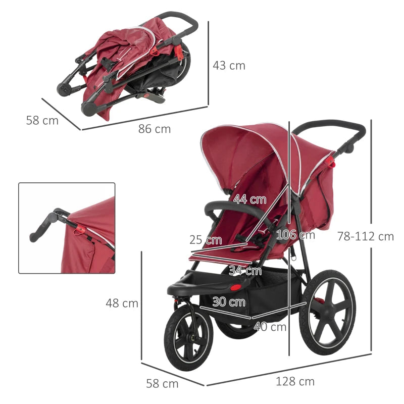 Red Foldable 3-Wheel Baby Stroller with Canopy and Storage Basket