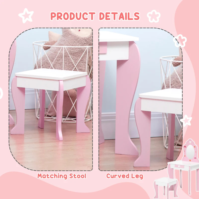 Kids Pink Dressing Table Set with Mirror, Stool, Drawer - Cute Patterns, Ages 3-6