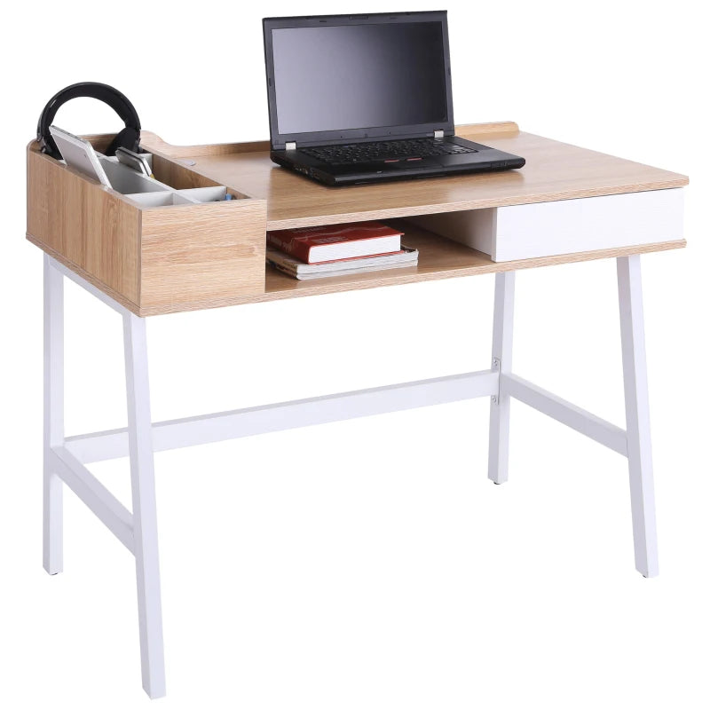 Oak and White Computer Writing Desk with Drawer and Storage Compartments