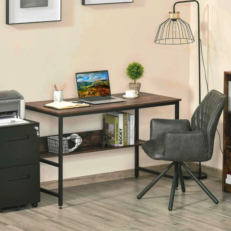 Rustic Brown Computer Desk with Storage Shelf, 120 x 60cm, Metal Frame