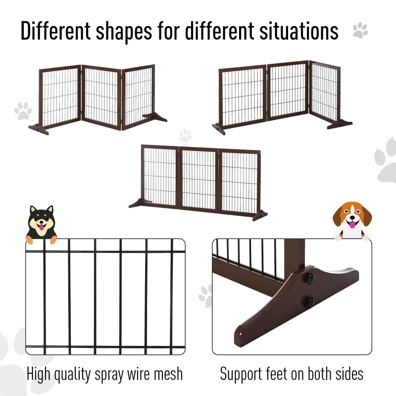 Brown 3-Panel Foldable Pet Gate with Pine Frame