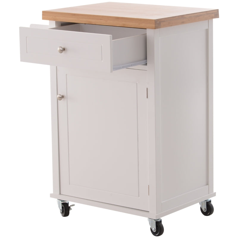 White Kitchen Storage Trolley with Drawer and Cupboard