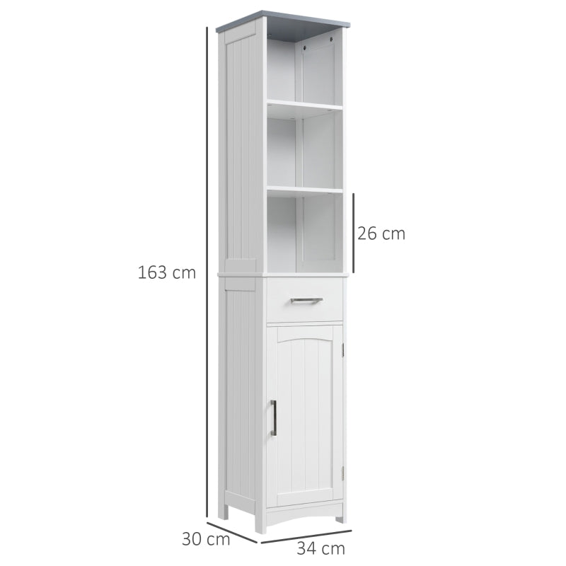 White Tall Bathroom Storage Cabinet with 3 Tier Shelf & Drawer