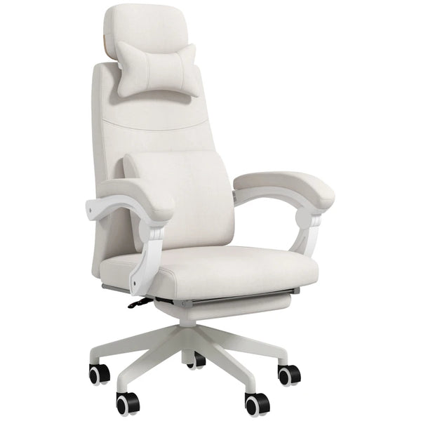 White Linen-Look Office Chair with Reclining Back and Footrest