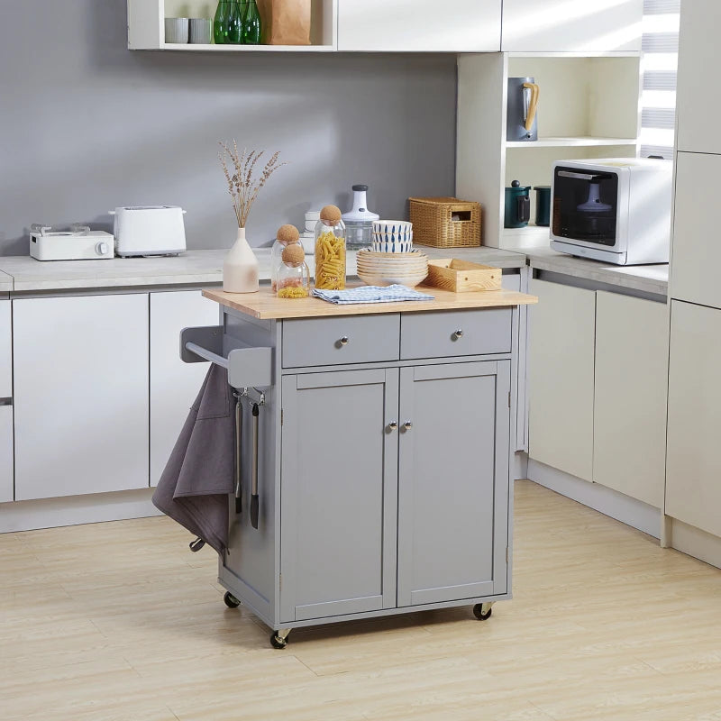 Grey Rolling Kitchen Island Cart with Rubber Wood Top and Storage