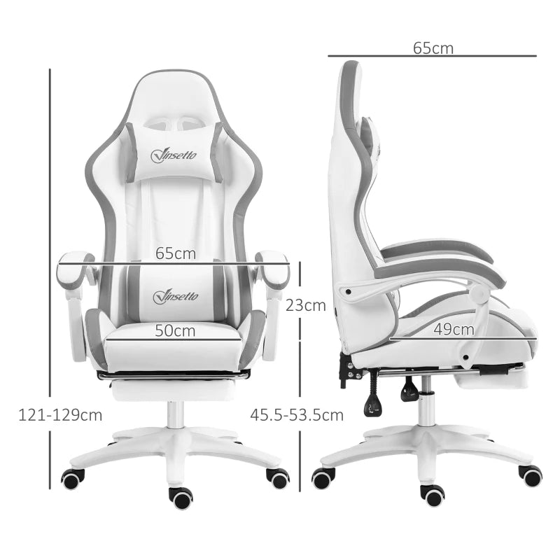 White & Grey Racing Gaming Chair with Footrest and Swivel Seat
