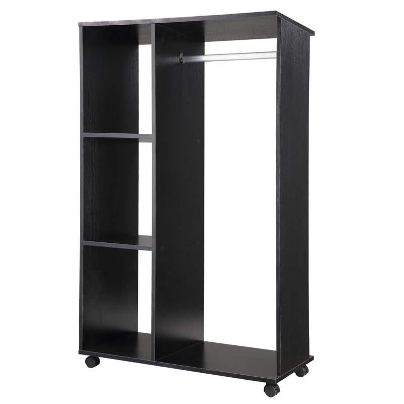 Black Mobile Wardrobe with Hanging Rod and Shelves